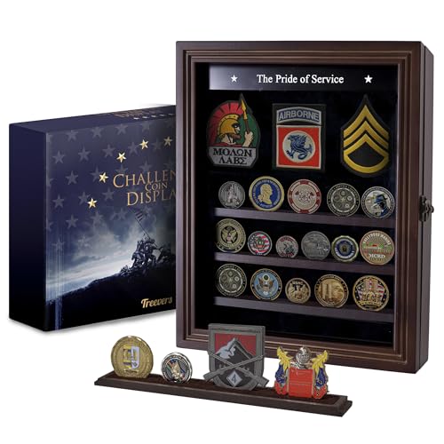 Treevers Challenge Coin Display Case – Military Shadow Box with Customizable Shelves & Pinnable Background – Holder for Coins, Medals, Badges, Patches – Wall Mount Rack for Army, Police, Firefighter