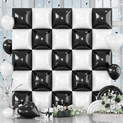 Black and White Square Foil Balloons Wall, 25PCS Double Sided Pearl White and Metallic Black Checkered Square Balloon Backdrop Wall Party Decorations for Racing Car Disco Birthdays New Year Background