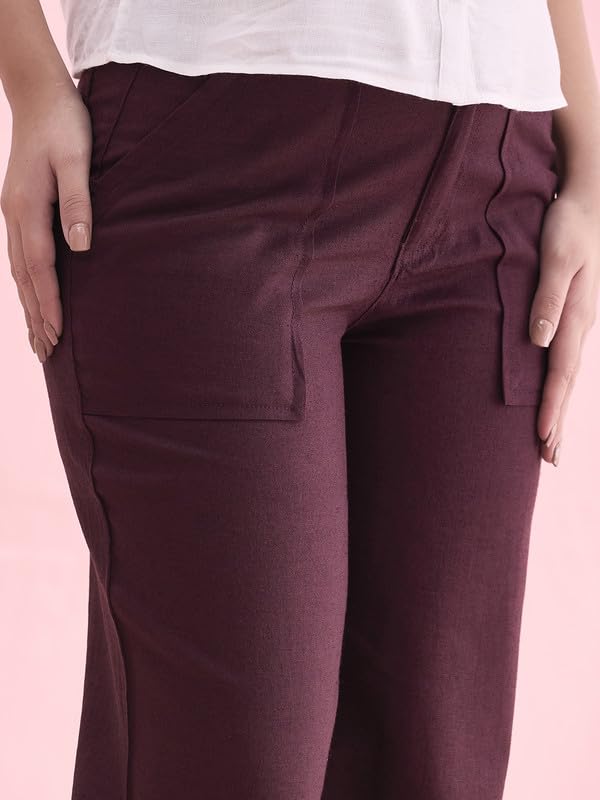 Image of GO COLORS Solid Linen Cargo Pants for Women | Full Length, Mid Rise, Side Pockets