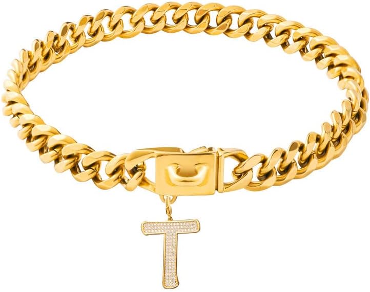 Dog Collar for Medium Large Dogs Gold Chain Dog Collar with Bling Letter Pendant 18K Cuban Link Dog Collar Heavy Duty Chew Proof Letter 10In&14In&16In