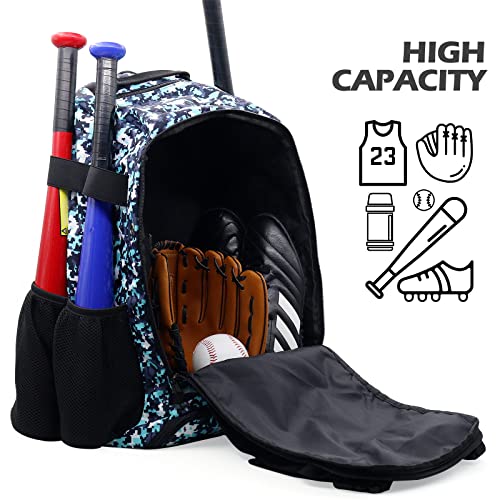 Zoea Baseball Bat Bag Backpack, T-Ball & Softball Equipment & Gear For Youth And Adults, Large Capacity Holds 4 Bats, Helmet, Gloves, Cleats,Shoes Compartment & Helmet Holder (Camouflage Blue) #TOP3