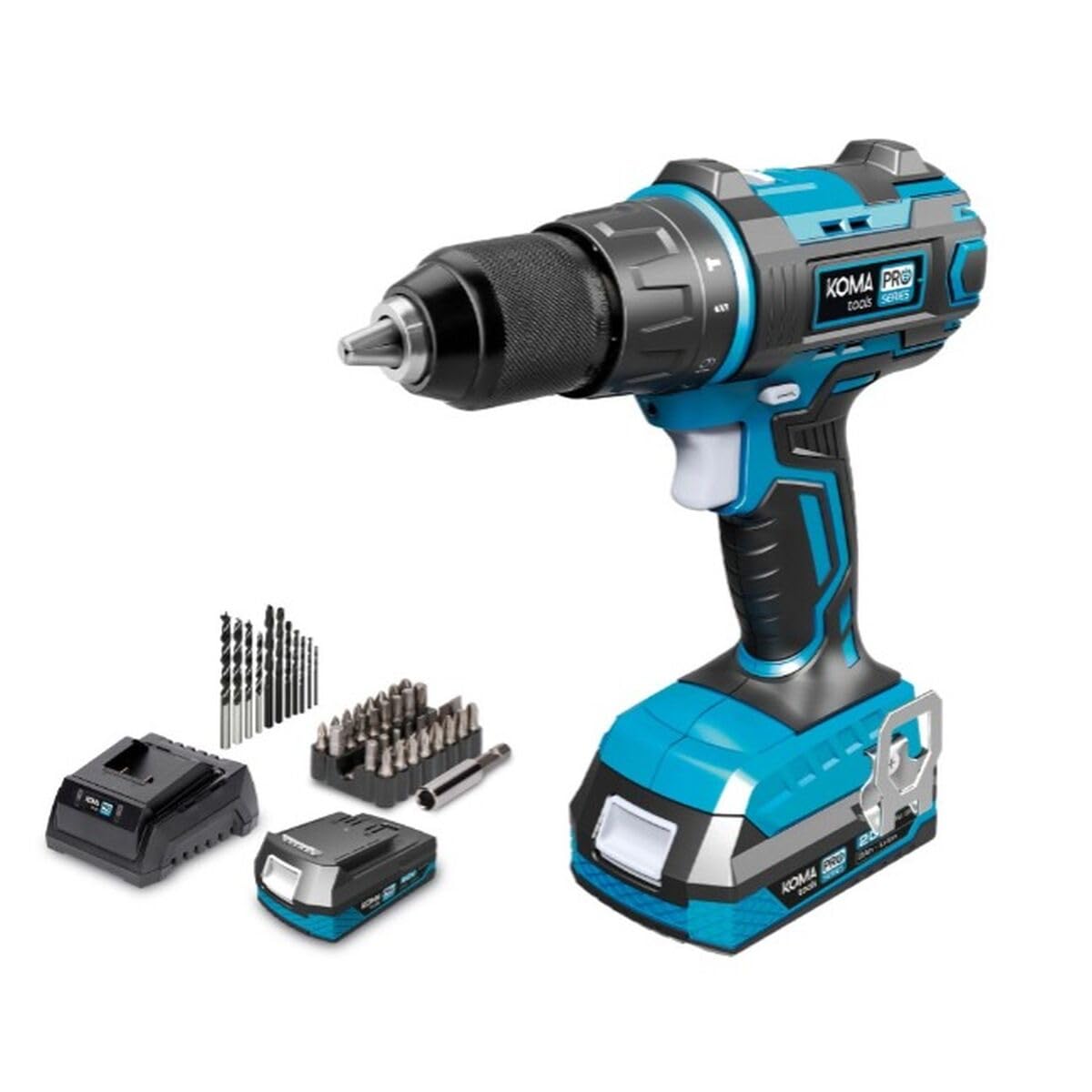 KOMA TOOLS 08750 Kit Taladro Percutor Atornillador 20 V y Cargador colores surtidos, 34.5 X 30.5 X 10.3 Cm