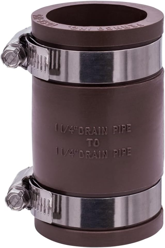 Fernco 1056-125 1-1/4-in. Flexible PVC Pipe Coupling for Cast Iron and Plastic Plumbing Connections in Brown
