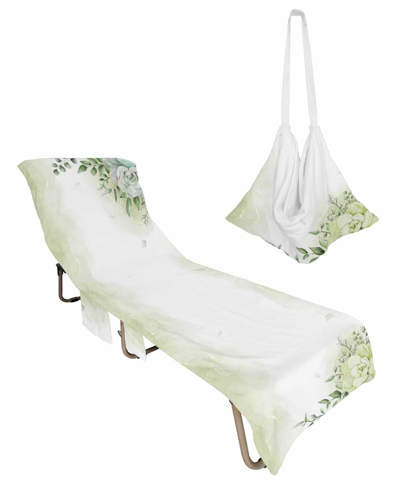 Teal Botanical Beach Lounge Chair Towel Cover, Soft Chaise Lounge Towel with Side Pockets Patio Pool Chairs Cover for Beach/Pool Sunbathing 29x85 Weeping Eucalyptus Leaves Green Elegant