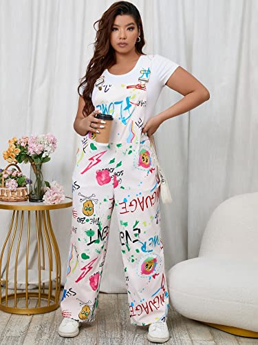 Wdirara Women's Plus Size Letter Cartoon Print Round Neck Short Sleeve Jumpsuit White 0Xl #TOP5