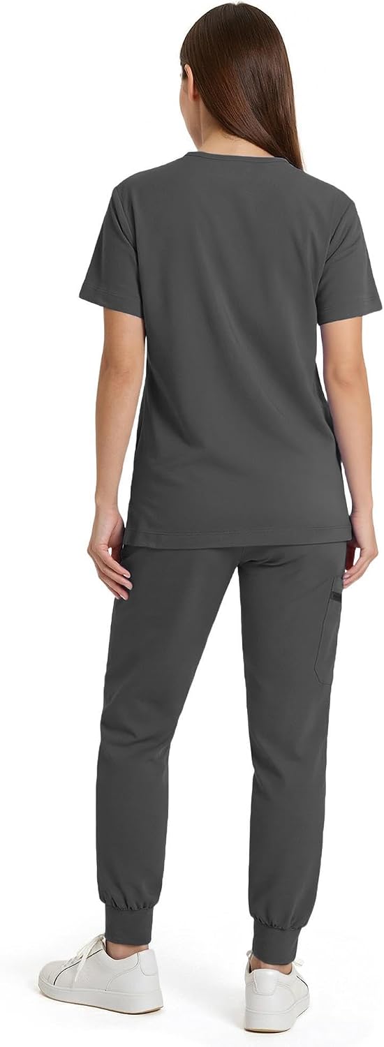 Women's V-Neck Scrub Set, Stretch Joggers with Zipper Pocket