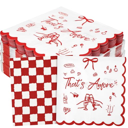 Tinlade 100 Pcs Thats Amore Party Decorations Pizza Theme Disposable Napkins Red and White Gingham Paper Napkins Italian Themed Party Supplies for Bachelorette Wedding Bridal Baby Shower