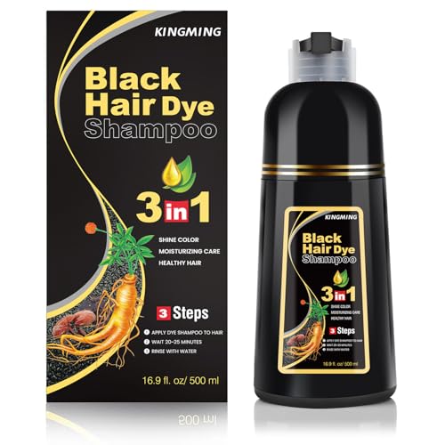 KINGMING Black Hair Dye Shampoo for Gray Coverage 3-in-1