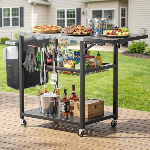 Skokliz Grillwagen beweglicher Servierwagen mit 3 Ebenen, klappbarem Beistelltisch und 360° schwenkbaren Rollen mit Bremse – Multifunktionaler Edelstahl Outdoor Grilltisch für BBQ und Garten