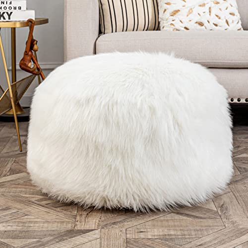 Unstuffed Fur Pouf Ottoman Foot Rest Cover Faux Fur Ottoman Cover 51x31cm Round Poof Seat Floor Bean Bag Chair Foot Rest Storage Solutions for Living Room Bedroom Cover ONLY (White) by AbunHeri - Image 2