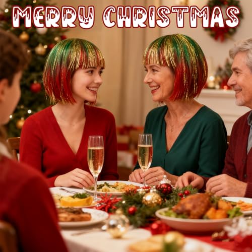 Image of PLULON Red-Green-Gold Bob Wig with Heart Sunglasses for Women Men, Colorful Short Funny Bob Wigs with Bangs and Hair Cap Colored Cosplay Hairpieces for Christmas Halloween Costume Neon Birthday Party