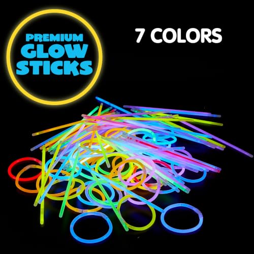 Image of JOYIN 100 Pcs 8 inch Glow sticks Bulk Party Favors Pack, Neon Glow in the Dark Party Supplies, Light Up Necklaces and Bracelets with Connectors for Halloween, Football, Birthday Decorations