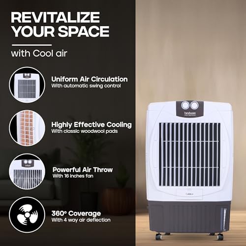 Image of Hindware Smart Appliances 50 L Desert Air Cooler With Woodwool Cooling Pads, Inverter Compatible (White, Brown, CALISTO)