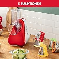 Moulinex Fresh Express Plus, Elektrisches Schnitzelwerk, Gemüseschneider, Gemüsehobel, 5 Einsätze inkl. Reiben, 150W, Metallic-rot, weiß, Made in France, DJ756G – Ansicht 3