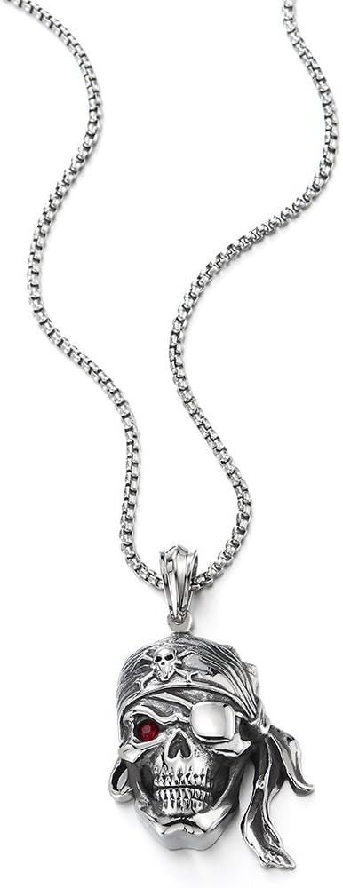 COOLSTEELANDBEYOND Mens Steel Viking Pirate Skull Pendant Necklace with Cubic Zirconia and Wheat Chain - Image 2