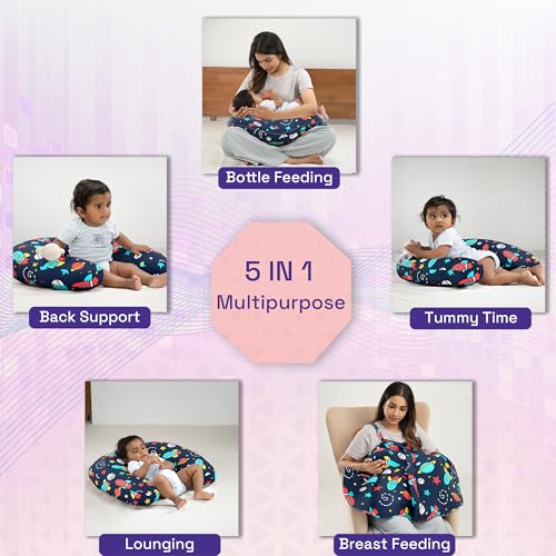 Image of Wakefit Nursing Pillow with Cape for Breastfeeding & Baby Care | 5 in 1 Feeding Pillow with 100% Cotton Removable Cover | Super Soft & Machine Washable | Spaceship