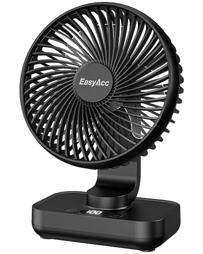EasyAcc Ventilador de mesa, oscilante, batería USB, ventilador 4000, batería pequeña, portátil, 4 velocidades, silencioso, mini base recargable, ventilador para casa, oficina, biblioteca, camping,