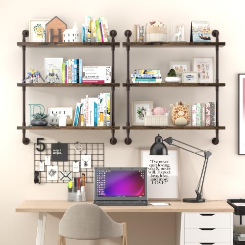 Image of Helsin 3 Tier Industrial Pipe Shelf Rustic Wood Floating Shelves,Wall Display Bookshelf,Storage Rack Sundries Holder for Kitchen Office Bathroom Organization and Home Decor (32inch)