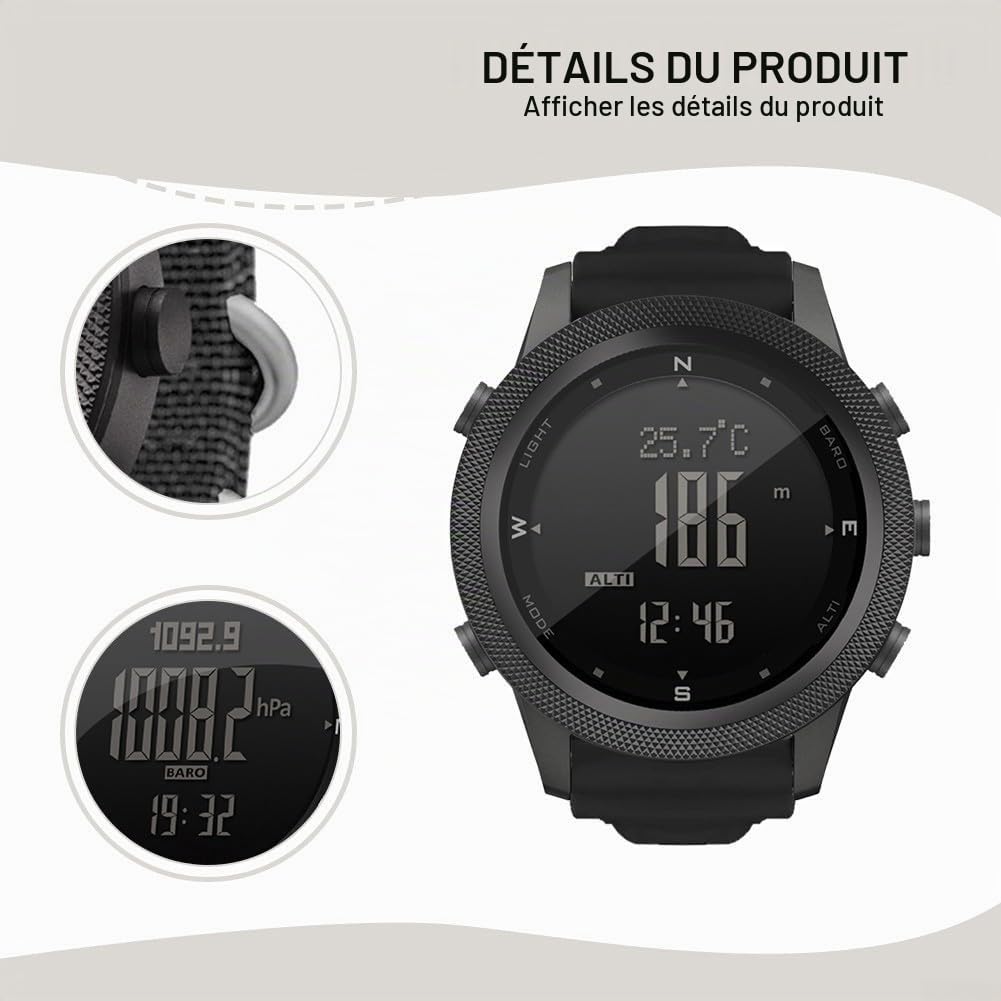 North-Edge AP46 Montre intelligente tactique pour homme avec boussole, thermomètre, podomètre et rétro-éclairage EL, boîtier en métal, design léger pour sport de plein air, compatible avec
