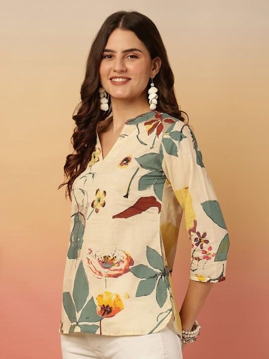 Image of MANHAREE Women's Cotton Floral Printed Short Kurti Top | V-Neck 3 /4 Sleeve Ethnic Tunic for Jeans | Casual Summer Wear Kurta for Women and Girls