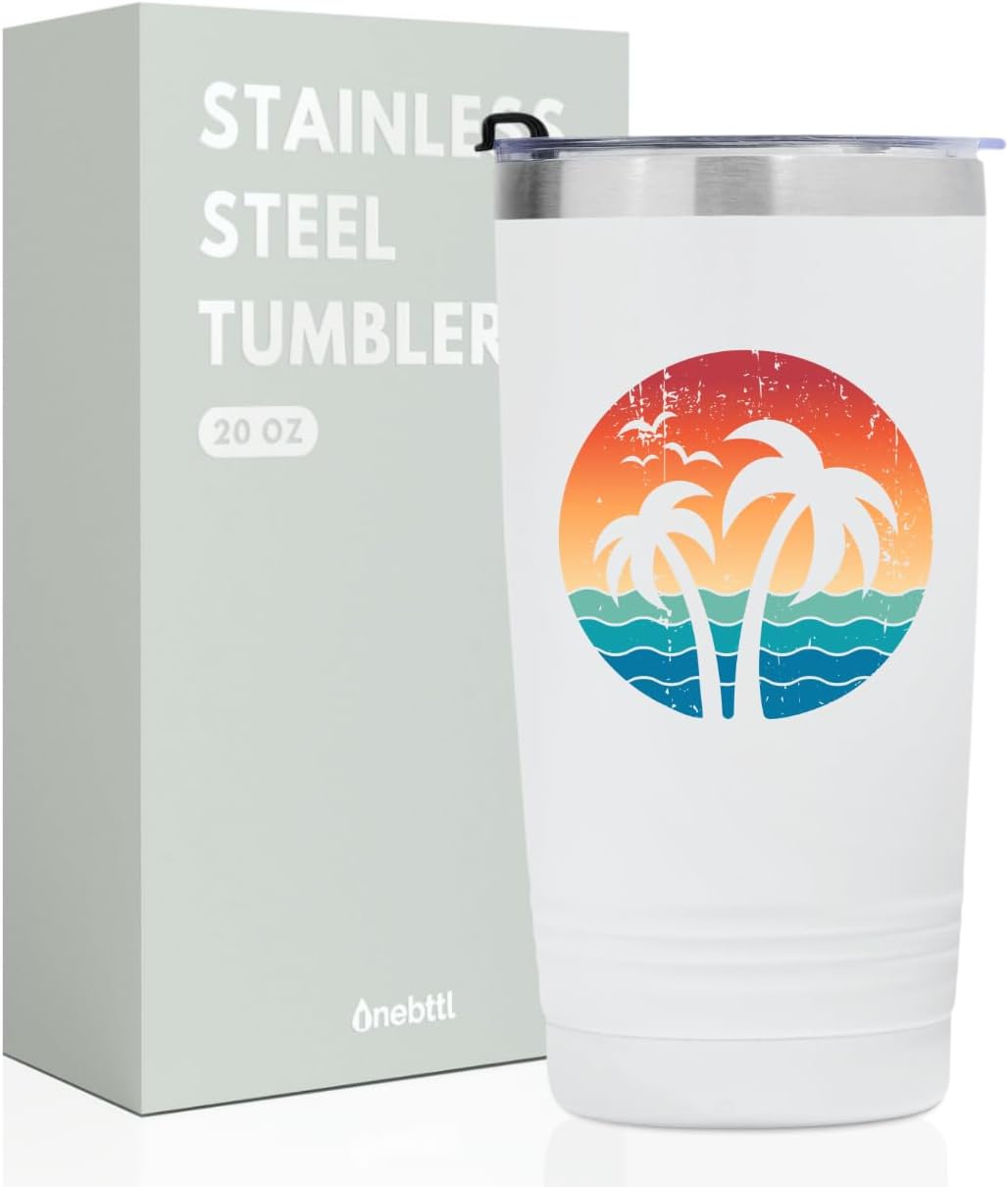 Onebttl Beach Tumbler for Palm Tree Lover - 20oz Stainless Steel Tumbler with Lid and Straw - Reusable Travel Double Wall Cup for Women and Men,Ocean Dream - White