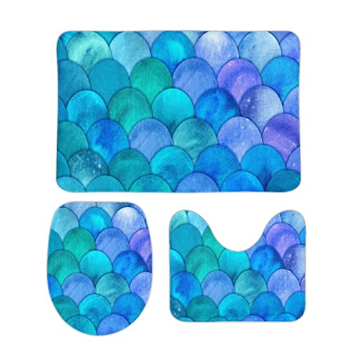 Homeoanimal Blue Mermaid Scales Watercolor Bath Mat Set, Bathroom Rugs Sets 3 Pieces, Toilet Mats, Soft Comfortable, Non-Slip, Easier to Dry for Floor Mats 40 x 60 cm