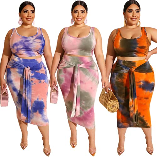 Image of Plus Size Women 2 Piece Outfits Sets Sexy Tracksuit Midi Dress,Sleeveless Tank Top Bodycon Skirts Set Casual Summer