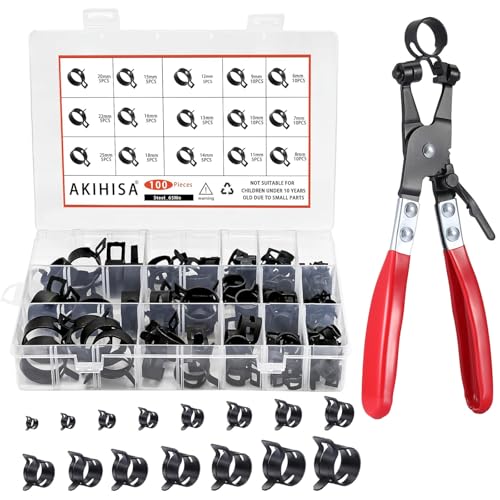 Image of AKIHISA 100Pcs 6-25mm Spring Band Hose Clamp Assortment Kit with Hose Clamp Pliers, 15 Sizes Spring Hose Clip Fuel Line Silicone Vacuum Hose Pipe Clamp, Air Hose Tube Water Pipe Fasteners