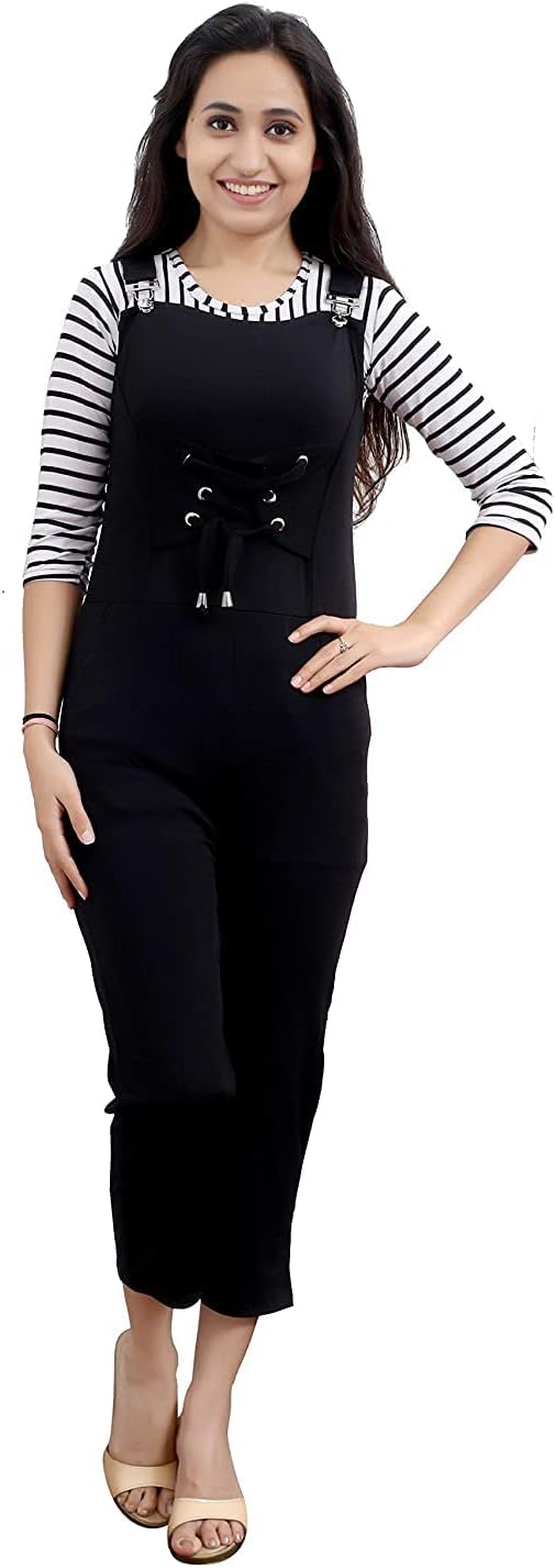 GenericGirl's Slim Fit Solid Dungaree with Striped Top