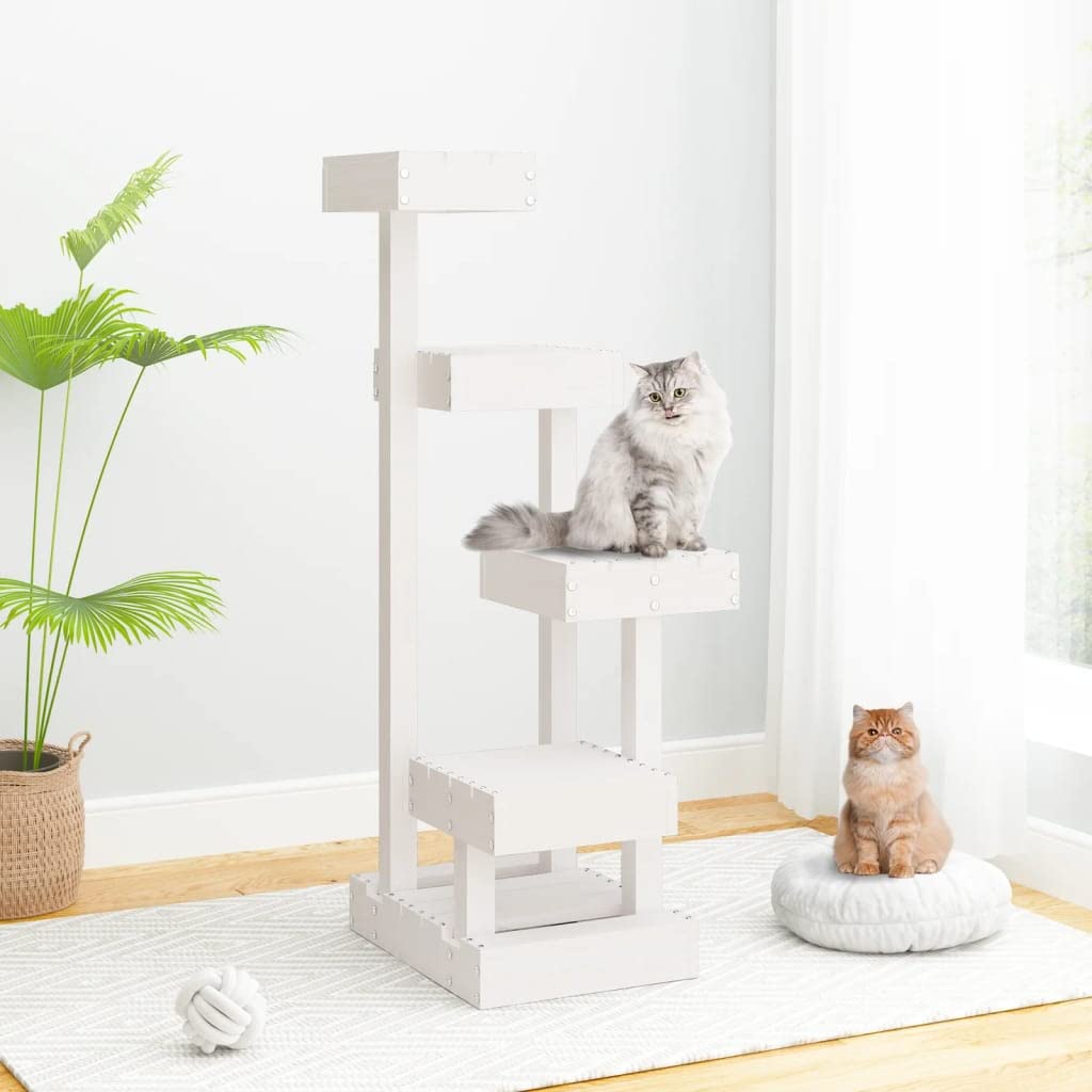 Kratzbaum Weiß 103 cm Katzenturm aus Kiefer Massivholz | Kompaktes Katzenmöbel mit 4 Ebenen für das Wohnzimmer, geeignet zum Klettern und Ausruhen auf stabilen Liegeflächen.