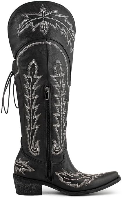 Atuelang Cowboy Boots for Women Knee High Cowgirl Boots Wide Calf Western Embroidered Lace Up Fashion Boot