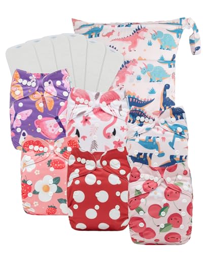Image of Babygoal Baby Cloth Diaper 6 Pack with 6pcs Inserts and Wet Bag for Fitted Diapers and Prefolds, Adjustable and Reusable Covers for Toddler Boys and Girls
