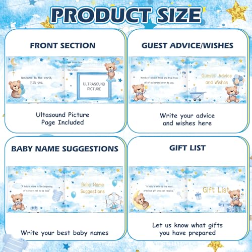 Image of Fuyoooo 27 Pcs Blue Color Bear Baby Shower Guest Book Set Baby Shower Sign in Guest Floral Book Place Table Cards with Gold Pen Adhesive Photo Corner for Birthday Party