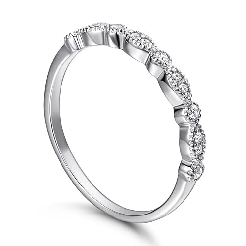 LOVECORE 14K Gold Plated Wedding Band Cubic Zirconia Marquise & Round Milgrain Half Eternity Stackable Ring for Women Size 5-9 (White Gold, 6)