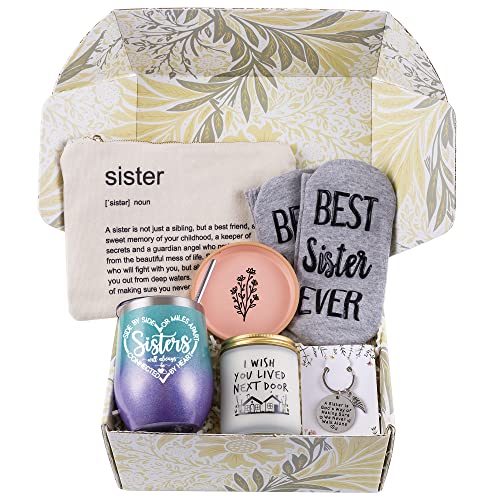 Unnesalt 6 Pieces Funny Sisters Birthday Gifts From Sister - Unique Christmas Gift Basket For Sisters - Wine Tumbler, Candle, Keychain, Jewelry Dish, Socks, Makeup Bag #TOP1