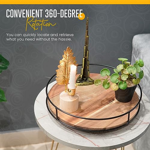 Decorstation Wooden Lazy Susan Organizer, 12.5 Inches - Round Lazy Susan For Table, Artistic Acacia Wood With Sturdy Black Steel Bar - 360 Degree Smooth Rotating – Suitable For Countertops & Cabinets #TOP6