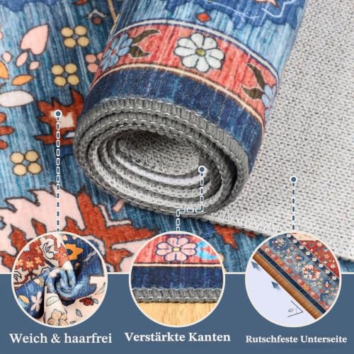 TUKDAK Vintage Teppich Wohnzimmer 120x180cm, Rot Blau Waschbarer Teppich Schlafzimmer, Boho Kurzflor Esszimmer Teppiche… – Ansicht 6
