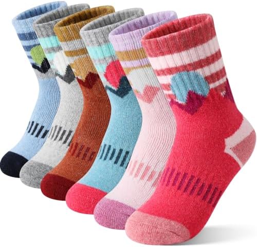 Sandsuced Merino Wolle Wandersocken Kinder, 6 Paar, Dicke Thermosocken | Mädchen warme Socken, temperaturregulierend atmungsaktiv, abriebfest gepolstert, Winter Wollsocken