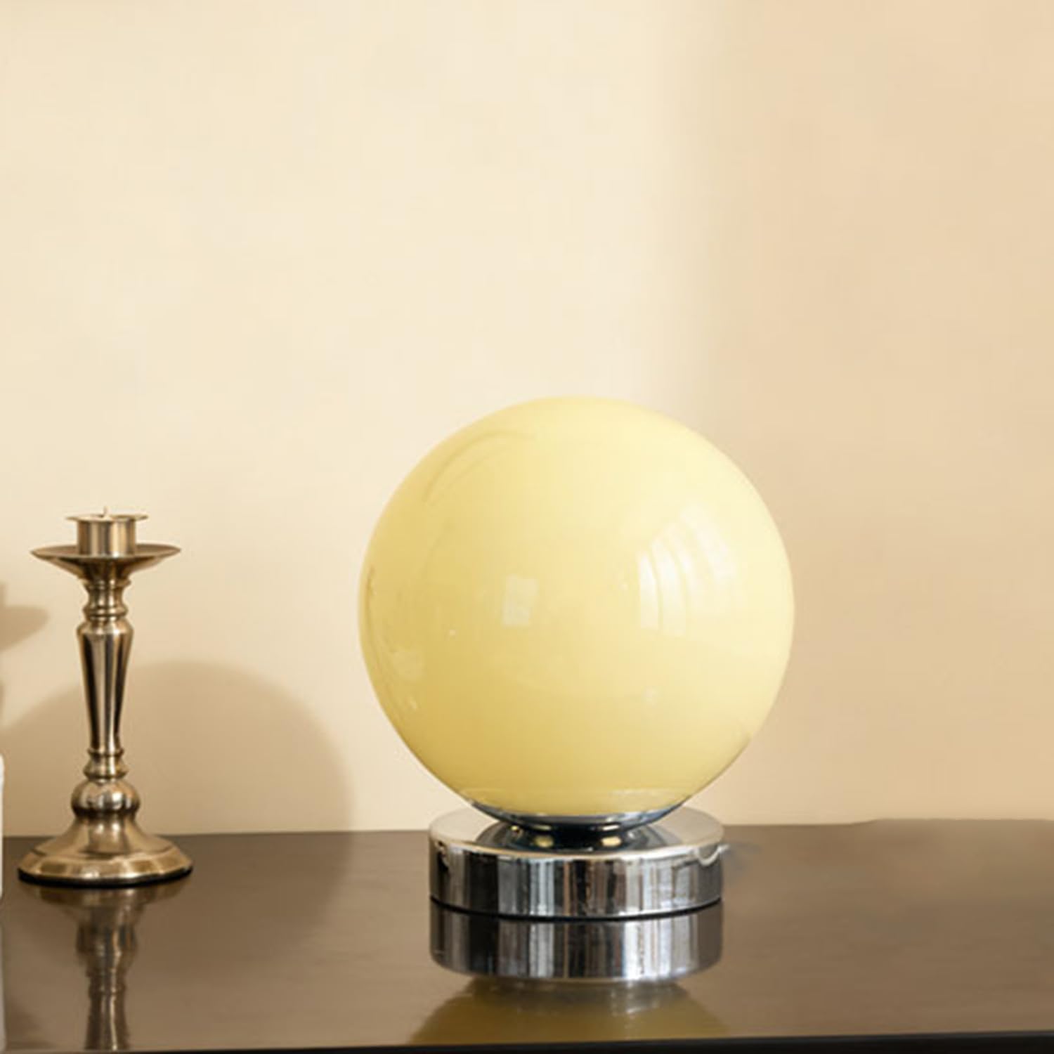 OOWOKS Lampada da tavolo a sfera in vetro senza fili comando touch ricaricabile via USB 3 temperature di colore LED dimmerabile lampada da comodino con batteria integrata base in metallo,Beige