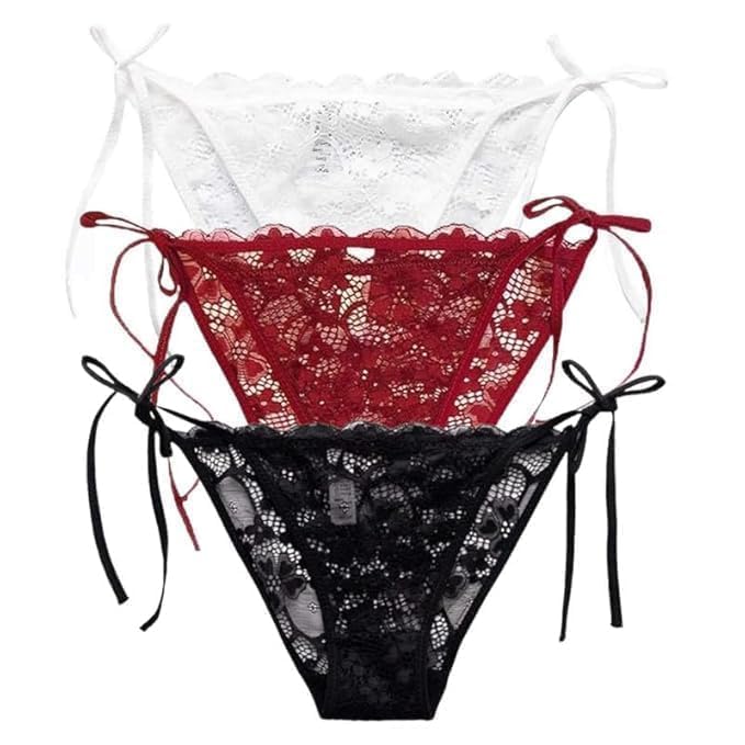 Women's Lace Bikini Panties, Side Tie G -String Briefs, Floral Sheer Underwear, Pack of 3 (Free Size) Beige, Black-image-9