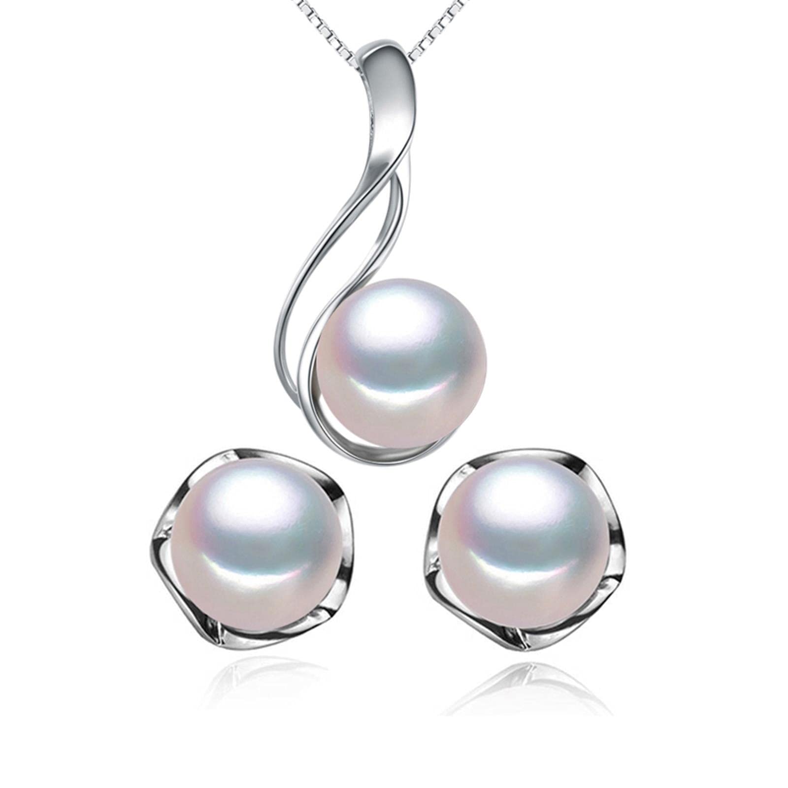 LOKILOKI Set di Gioielli di Perle Collane di Perle d'Acqua Dolce Naturali per Le Donne Orecchini A Bottone in Argento Sterling 925 Ciondolo Rotondo Classico