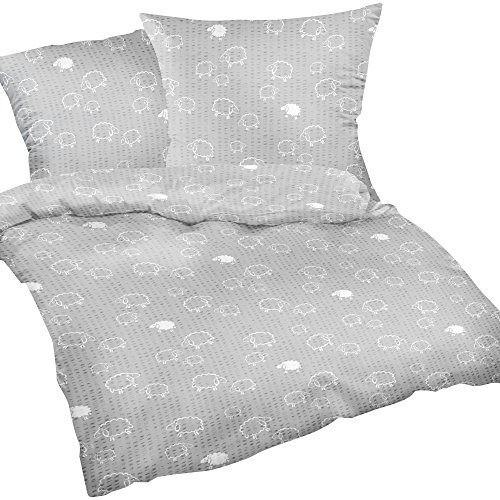 Heubergshop 2-teilige Seersucker Bettw&auml;sche 135x200cm und 80x80cm - Schafe in Grau und Wei&szlig; - Bettgarnitur aus 100% Baumwolle, b&uuml;gelfrei (S-099/7)