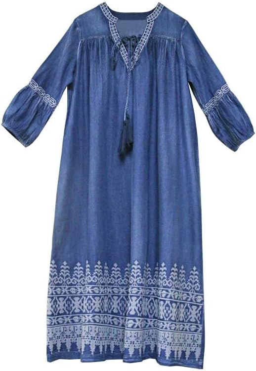 JSEIAJB V-Neck Lace Up Oversized Denim Long Skirt Autumn Retro Loose Embroidered Lantern Sleeve Dress