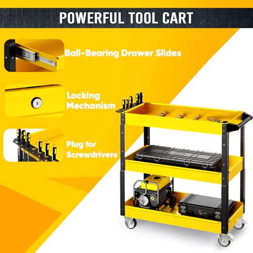 SILVEL 3 Tier Rolling Tool Cart,350LBS Tool Service Cart on Wheels,Heavy Duty Utility Cart,Tool Storage Trolley,Tool Organizer for Garage, Workshop, Warehouse&Repair Shop - Thumbnail 3