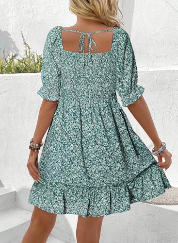 Image of Dokotoo Womens Casual Summer Dresses Short Sleeve Square Neck Smocked Boho Floral Sundress Flowy A-Line Mini Dress