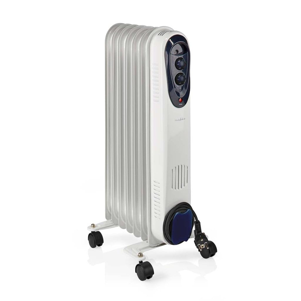 NEDIS HTOI30WT7 Mobiler Öl Radiator | 600/900 / 1500 W | 7 Fins | Verstellbares Thermostat | 3 Wärmeeinstellungen | Stolperschutz | Weiss