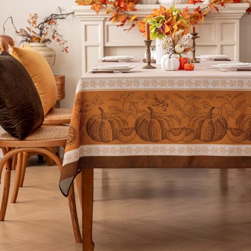 Romanstile Fall Rectangle Tablecloth 60 x 84 Inch, Thanksgiving Autumn Harvest Pumpkin Table Cloth, Stain Resistant Washable Table Cover for Dining, Party, Holiday Decor - Orange and Beige by Romanstile - Image 5