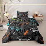Cartoon Skateboards Comforter Set Twin Size,Colorful Skateboarding Sports Bedding Sets for Kids Boys Bedroom Decor,Fashion Black Grey Graffiti Quilted Duvet Modern Extreme Sports Duvet Insert 2pcs
