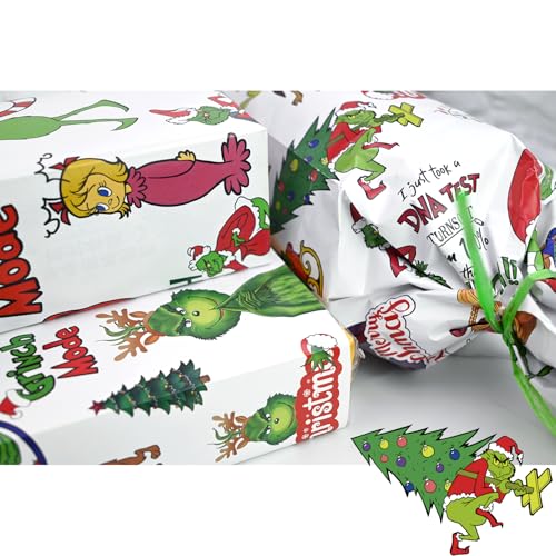 Grinch Christmas Wrapping Paper 5 Sheets, White Christmas Movie Wrapping Papers Wrapping Paper Sheets for Kids Family Boys Girls (white)