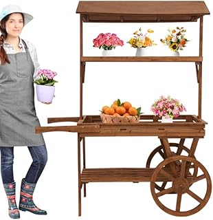 FONSOLUM Large Flower Cart Display Stand Plant Rack, 3-Tier Vintage Rolling Table Cart Dessert Candy Cart with Wheels, Solid Wood Flower Pots Holder Decoration Cart for Shop Stall Home Decor (Brown)